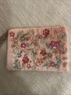 Embroidered Pink Floral Clutch Bag